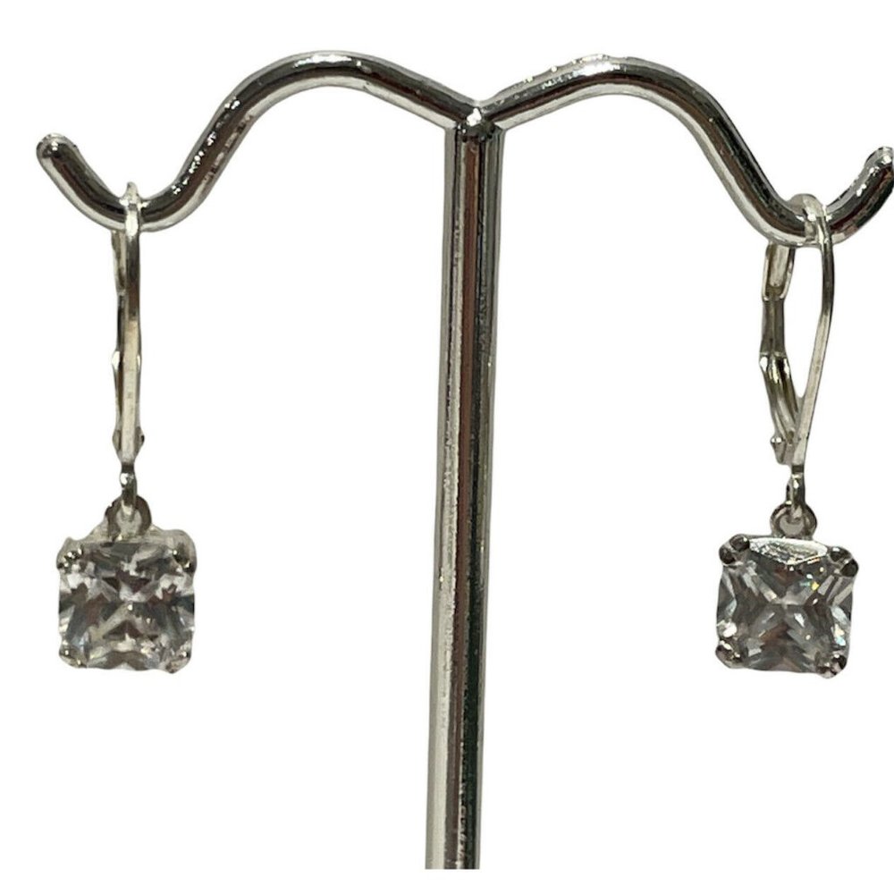 AHM Marked sterling silver 925 square solitare earrings leverback crystal Tested